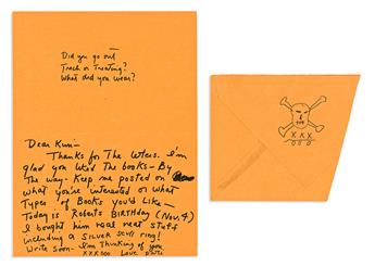 PATTI SMITH (1946- ) Halloween card with two small ink drawings and Autograph Note. Signed, Patti, to her sister Kimberly (Dear Kim